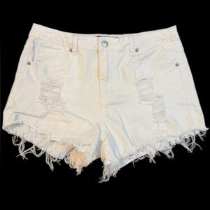 Akira White Distressed High Rise Denim Shorts XL Raw‎ Hem